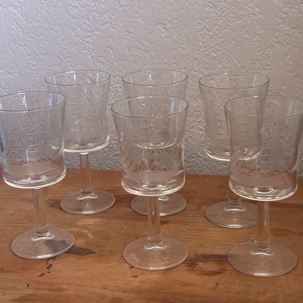 Javit Set of 6 Crystal Wine Stem Glass Etched Nautical Clipper Ship Collection